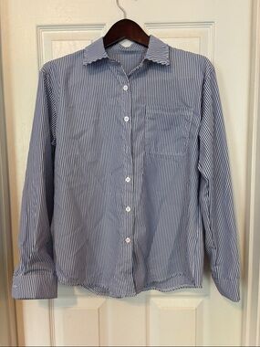 Women’s Blue & White Striped Button-Up Shirt classic to dress up or down size M